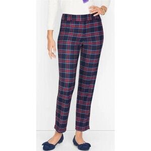 TALBOTS Hampshire Ankle Pants High Waist Navy Blue Plaid Wool 20W Side Elastic